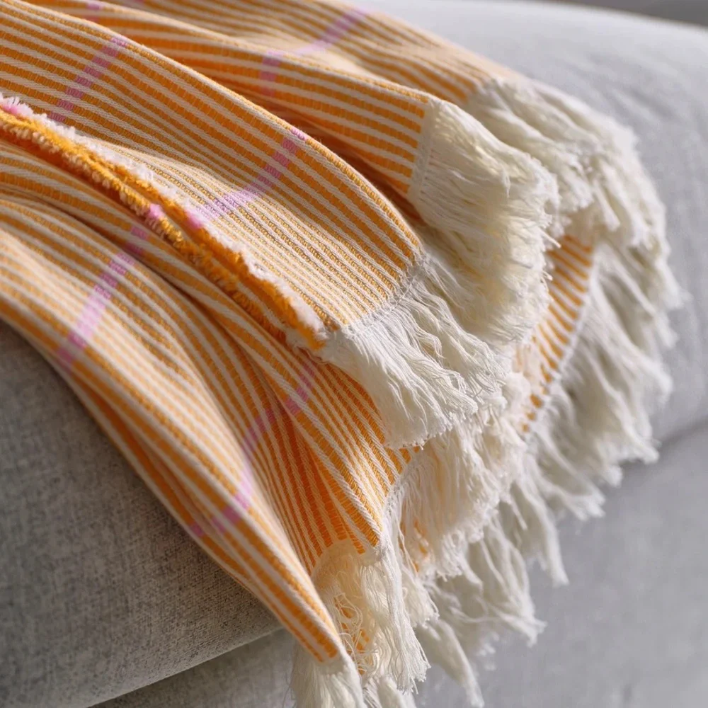 100% Cotton Striped Orange and Pink Throw Blanket